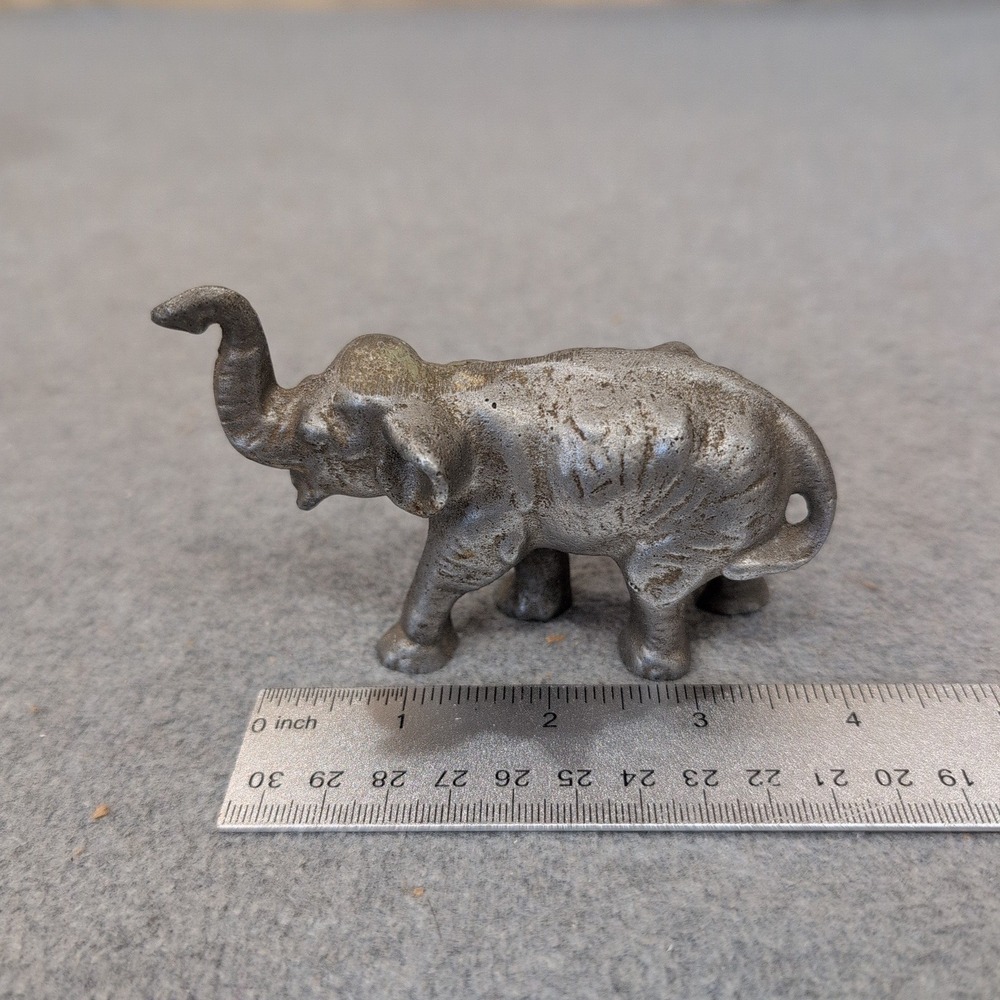 Vintage Cast Metal Elephant Figurine Lucky Trunk Up Silver Tone Decor - Picture 3 of 4
